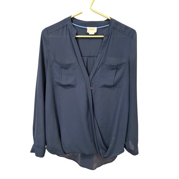 Maeve Anthropologie Navy Faux Wrap Blouse Size 0 Long Sleeve Split Neck EUC ✨ - Picture 3 of 7
